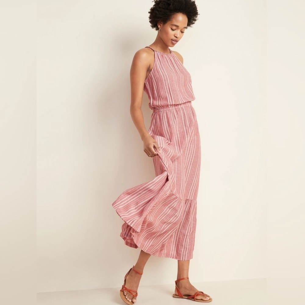 Old Navy Braided Halter Maxi Dress Red & White Striped Medium